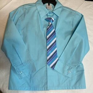Boys size 7 Oxford, teal long sleeve, button, down shirt with striped tie